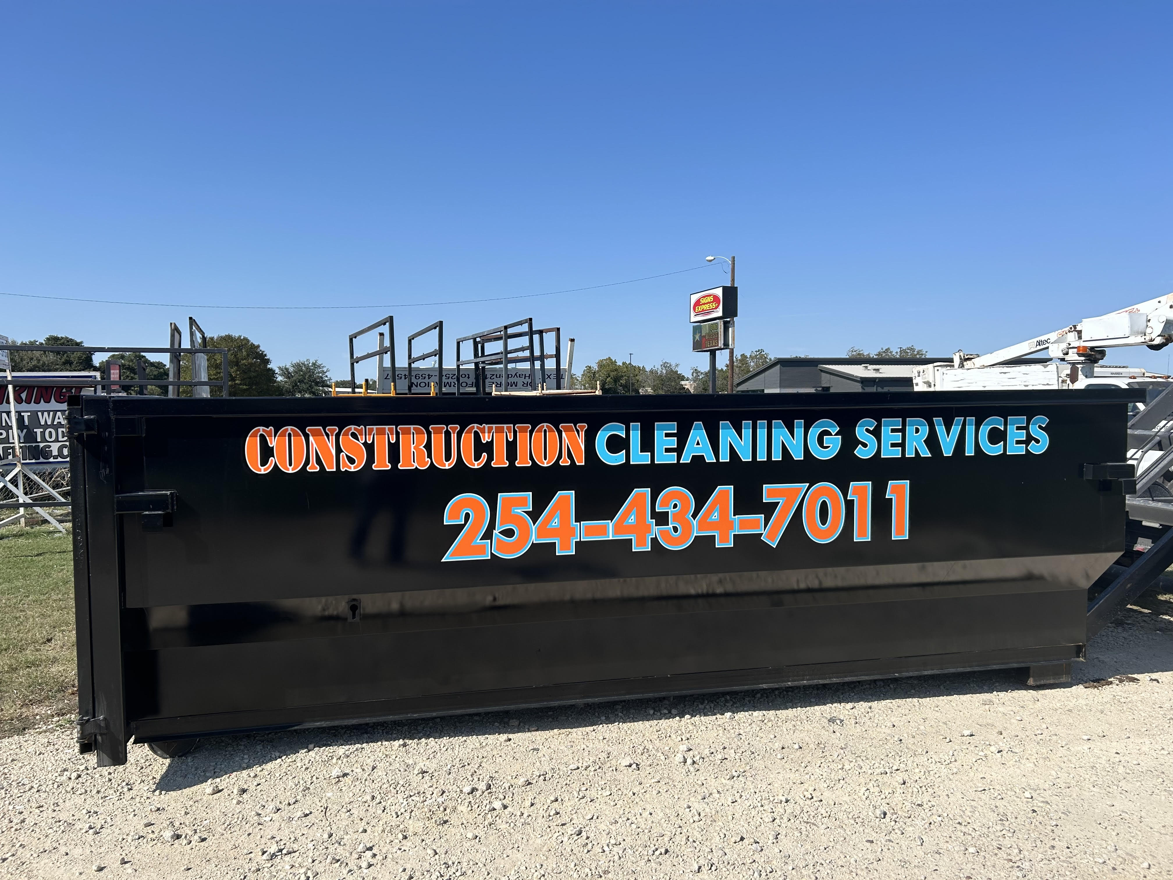 Construction Cleaning Services 20-yard roll-off dumpster staged on a job site in Stephenville, TX